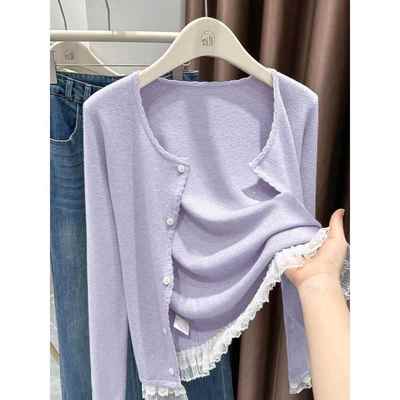 香芋紫花边圆领针织开衫女2025秋冬外搭蕾丝下摆上衣高端轻奢外套