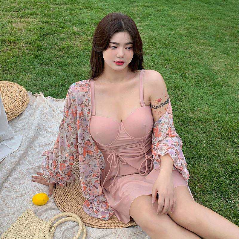 大码胖mm三件套分体罩衫遮肚显瘦女士大胸钢托聚拢200斤温泉泳装