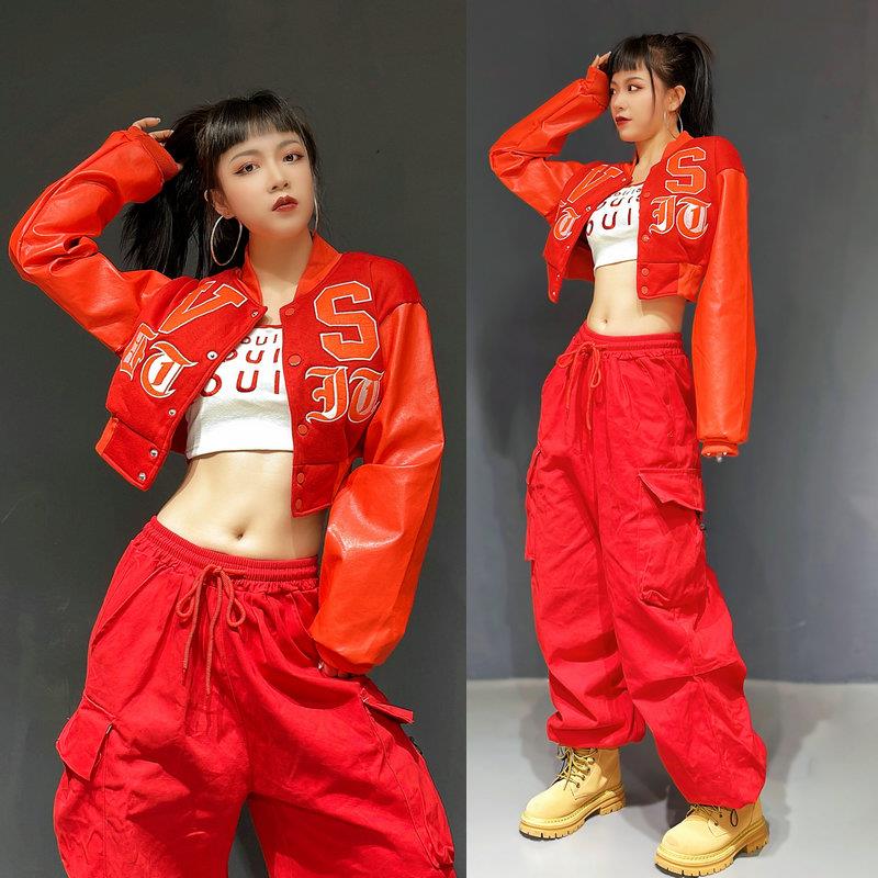 红色刺绣短外套kpop女团舞蹈打歌服爵士街舞套装成人jazz跳舞穿搭图片