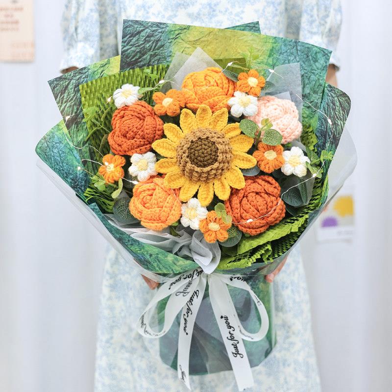 针织向日葵玫瑰花束手工编织毛线花成品生日礼物送女朋友闺蜜妈妈