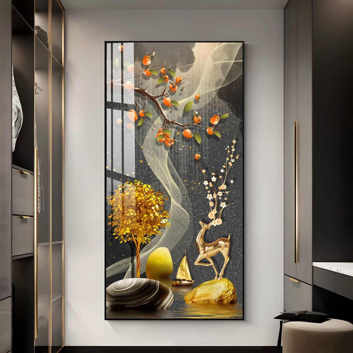福禄进门玄关装饰画轻奢现代简约入户墙壁画走廊过道竖版晶瓷挂画