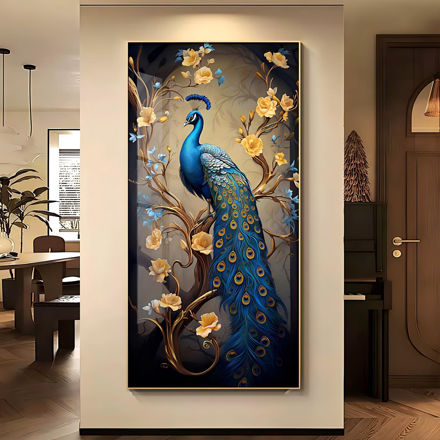 孔雀玄关装饰画正对门新中式挂画走廊过道壁画现代客厅晶瓷画墙画