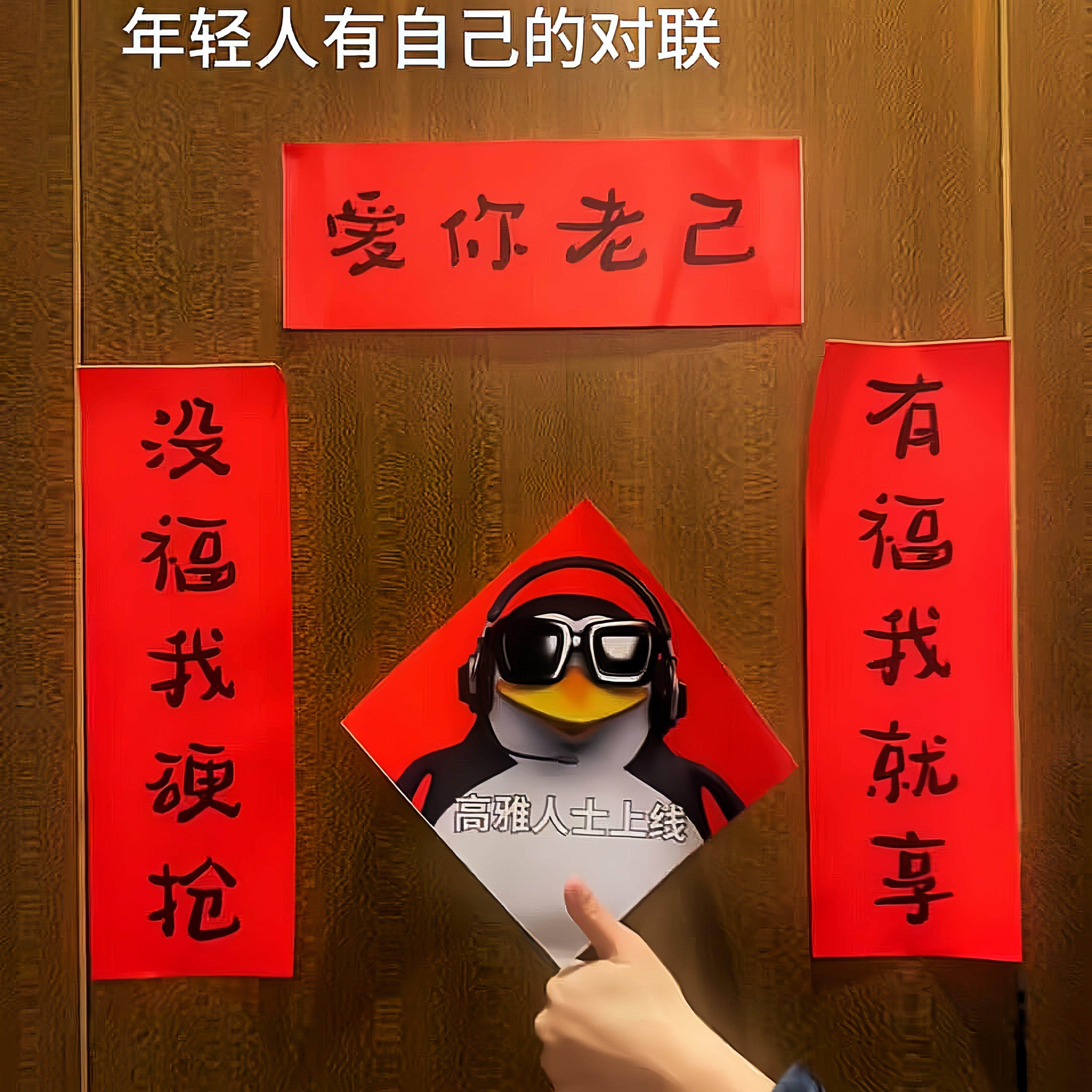 【有福我就享没福我硬抢爱你老己】创意文字对联抽象企鹅宿舍春联