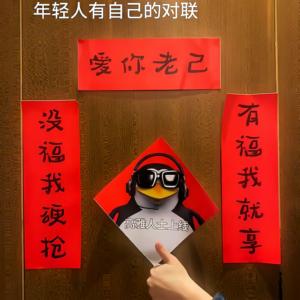 【有福我就享没福我硬抢爱你老己】创意文字对联抽象企鹅宿舍春联