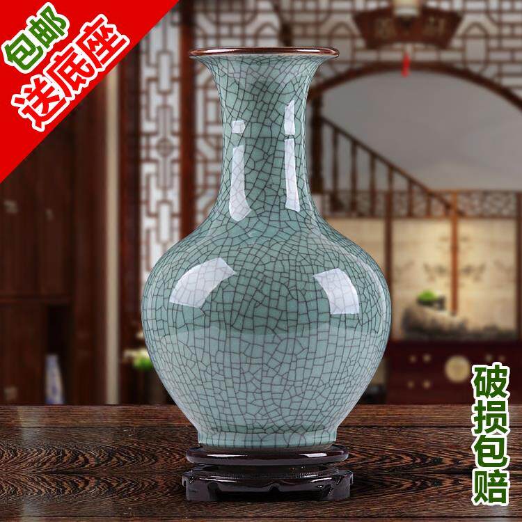 景德镇陶瓷器彷古官窑开 片裂纹瓷青釉花瓶古典现代装饰品客厅摆