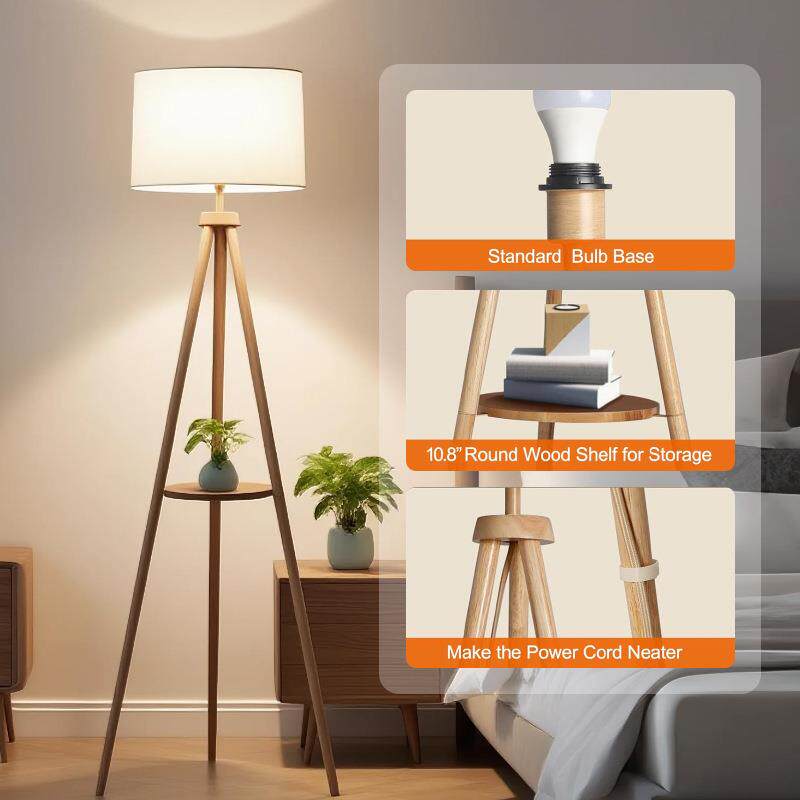 一体落地置物架灯客厅沙发旁灯边QQQ美实木式卧室床头柜台落地灯