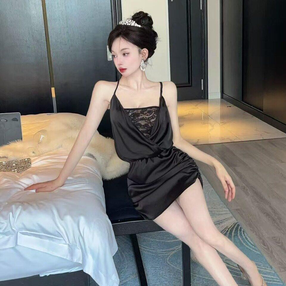 夜场女装桑拿技师工作服性感蕾丝拼接低胸缎面吊带包臀连衣裙
