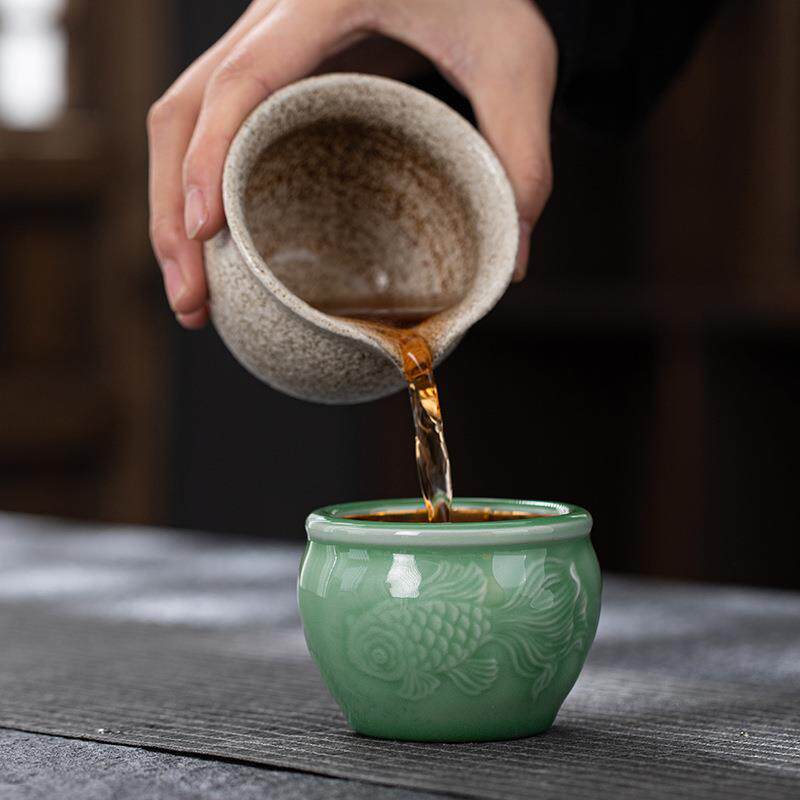 奢轻工复古青瓷鱼茶24K鎏金杯茶盏镶银莲花主人杯礼品手1个人杯杯