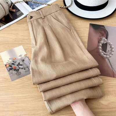 Women's Petite Contrast Waist Trousers High Waisted Straight