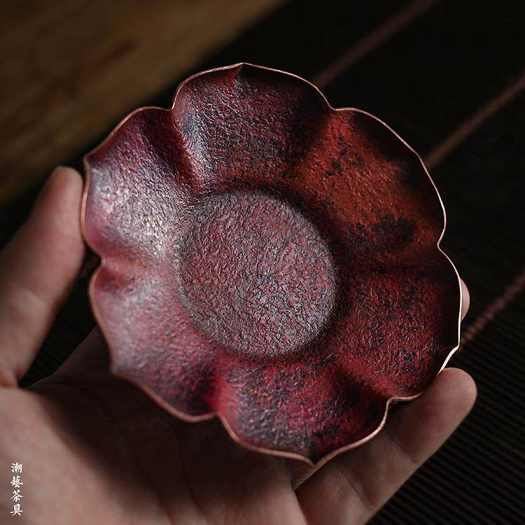 手工铜杯垫 日本杯托锡 银紫铜 茶托莲花奉隔热垫 金工茶道配件