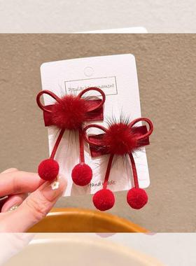 红色蝴蝶结发夹女秋冬毛毛流苏bb夹侧边夹儿童古风汉服配饰发卡子
