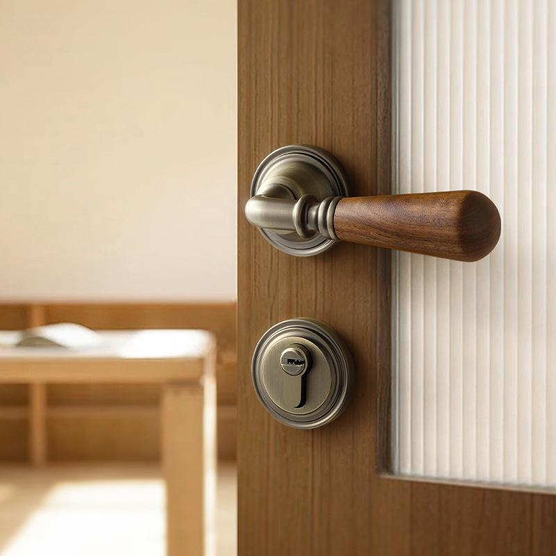 烁中古风家用木门锁复古黑盾胡桃木卧室把门手825-116室静音磁内