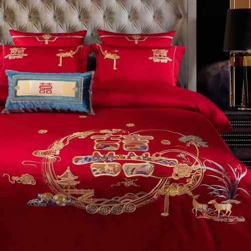 结婚上用品床100支绣全棉中式绣婚庆四件套H1167红色刺婚房花喜被