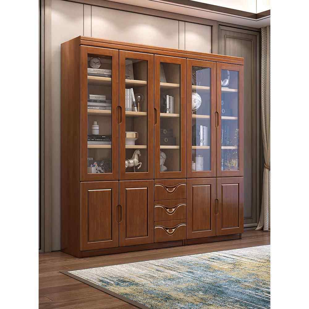 新中式实木书柜书架落玻璃门置物架柜子靠墙现代简约收纳柜展示柜