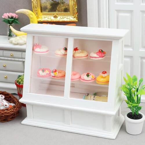 1:12娃娃屋dollhouse迷你家具商店场景 商品蛋糕推拉门长柜子
