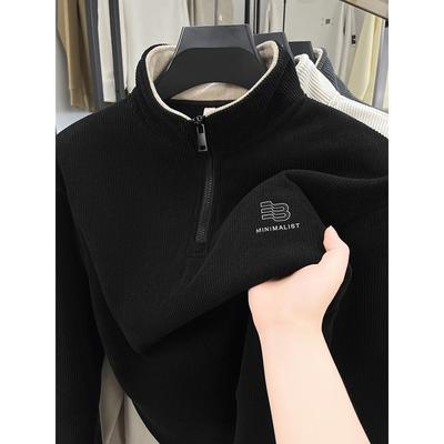 2025新款加绒加厚立领卫衣男士冬季新款休闲半拉链毛衣保暖打底衫