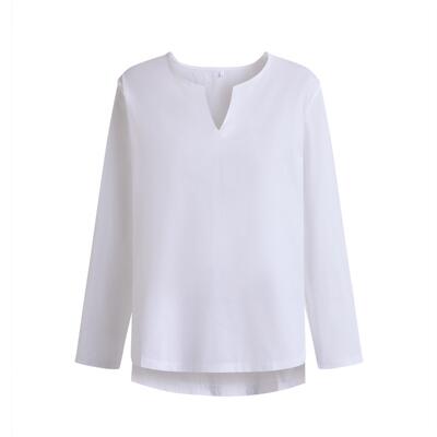 Men's cotton and linen collarless long sleeved shirt for