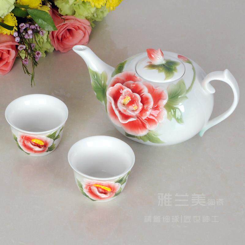 珐琅彩浮雕牡丹陶瓷茶具套装花茶壶家用泡红茶茶壶茶杯婚庆回礼