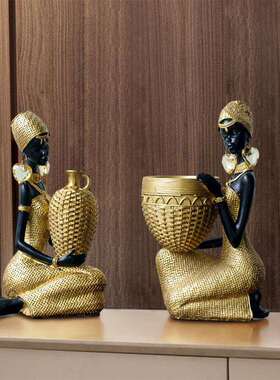 跨境复古非洲黑人女人摆件家居客厅玄关酒柜雕塑树脂工艺装饰品