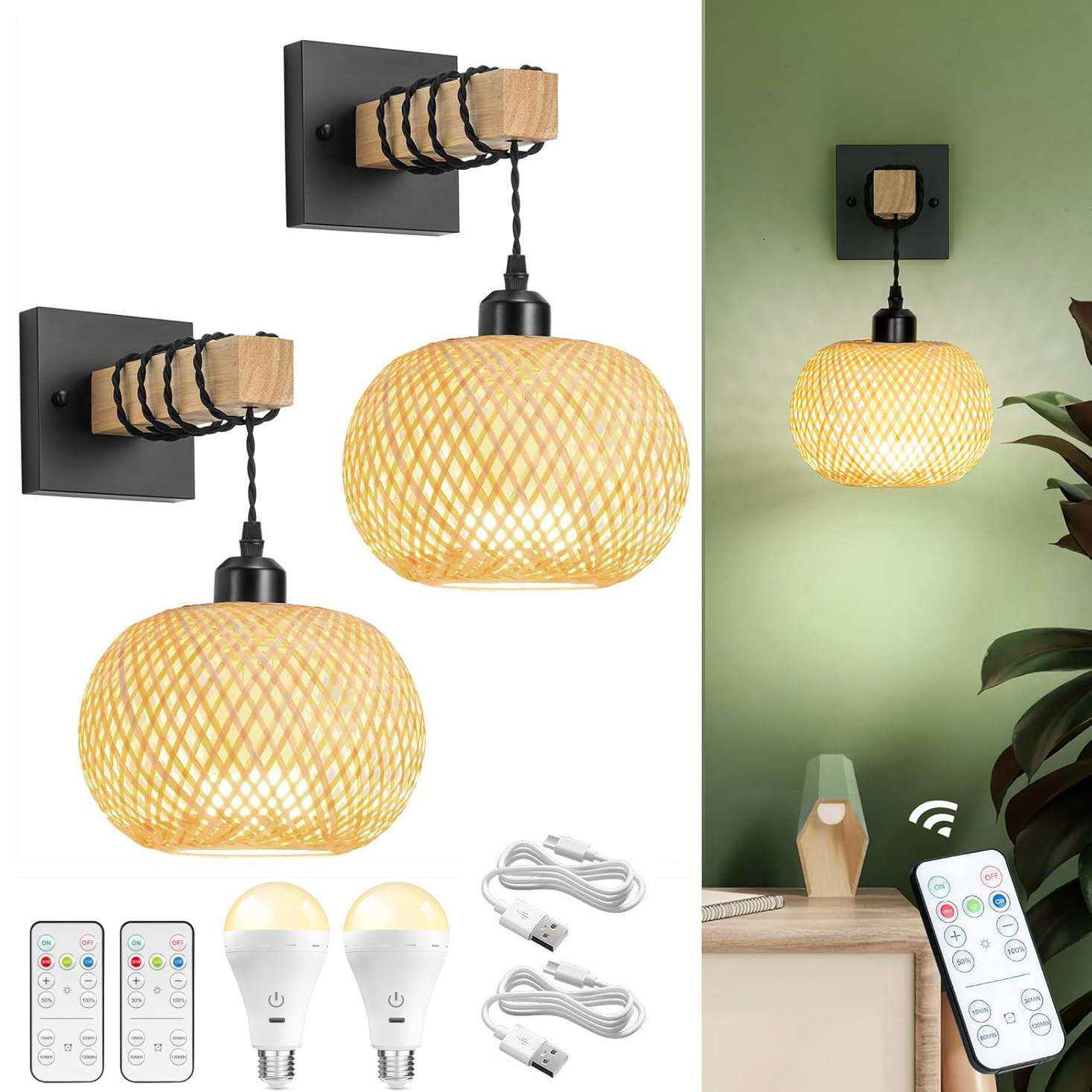 跨境日式竹木艺免布线壁灯东南亚玄关过道楼梯灯民宿卧室竹编壁灯