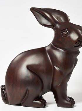 黑檀木雕兔子摆件实木质生肖动物兔家居客厅玄关装饰品红木工艺品