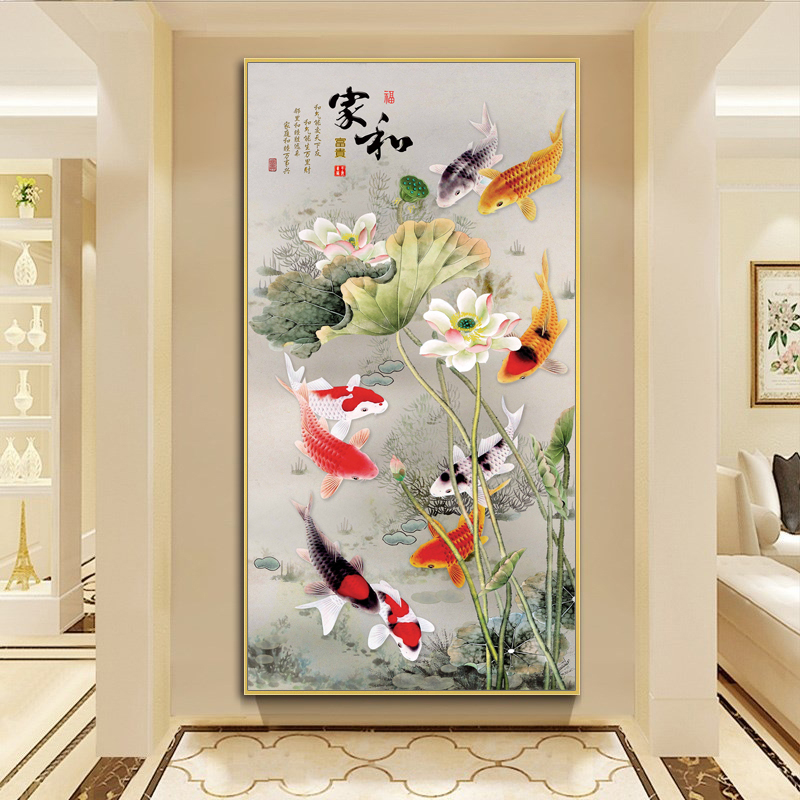 现代简约玄关装饰画走廊过道挂画入户竖版楼梯风水招财客厅九鱼图图片