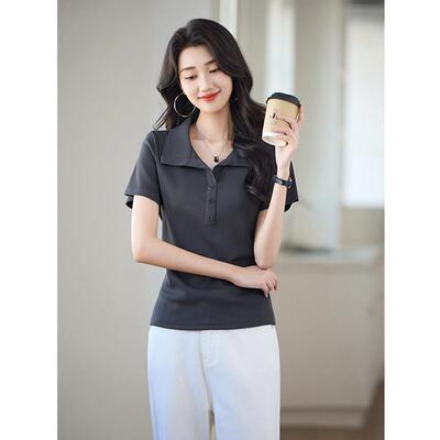 Canary Kiss灰色翻领T恤女2026夏季新款简约百搭修身显瘦正肩上衣