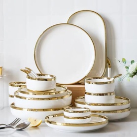 北欧轻奢餐盘陶瓷套装金边碗盘白金家用碗餐具盘子汤碗面碗组合装