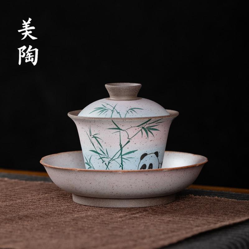景德镇手绘老岩泥熊猫三才盖碗茶杯中式复古粗陶瓷功夫泡茶碗茶具