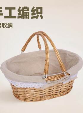 藤编野餐篮编织筐手提篮田园野炊活动把手提篮藤编收纳筐水果篮子