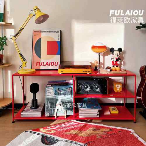 Montana极简电视柜中古风红色铁艺置物架多巴胺客厅背景墙电视柜