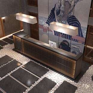 新中式风格前台接待台酒馆饭店餐厅养生馆收银台仿真石柜台吧台桌