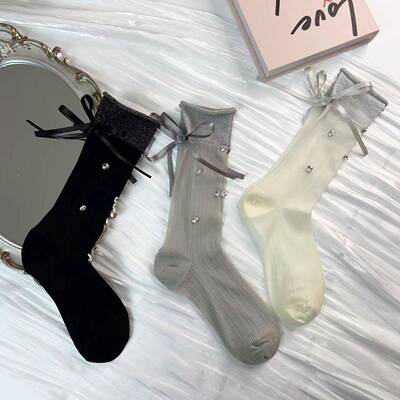 新品蝴蝶结中筒薄款堆堆袜水钻银丝亮钻公主爆款袜子女ins仙女袜