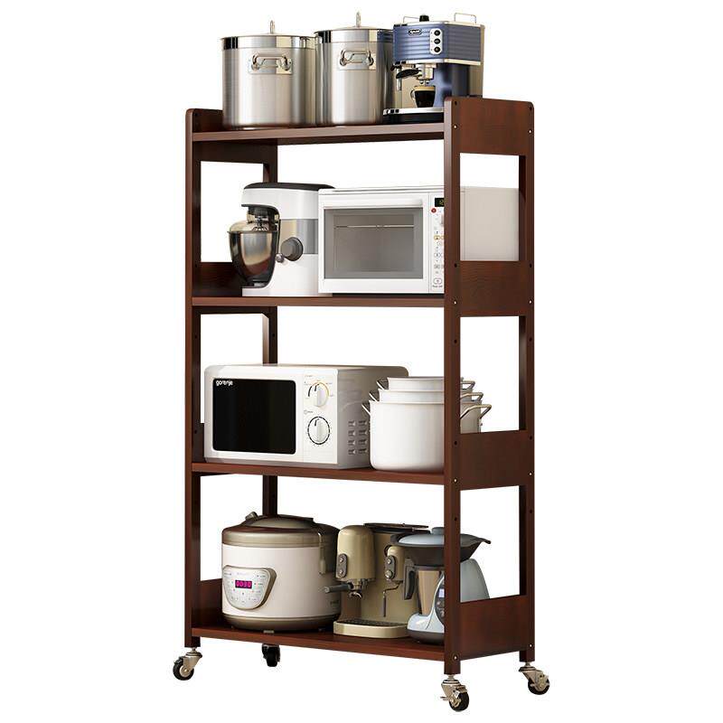 实木厨房置物架落地式微波炉烤箱收纳架子移动带轮多层放锅储物柜
