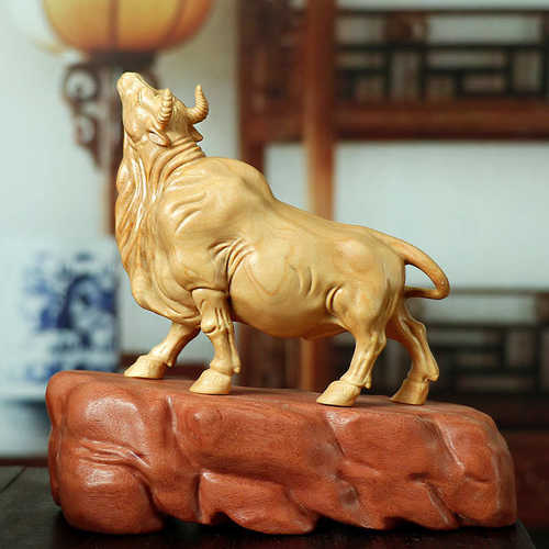 黄杨木雕摆件生肖牛气冲天手把件木质华尔街牛家居客厅收藏工艺品