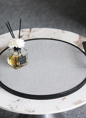 现代轻奢革圆NWJ形提手托盘何置皮物摆件样板间桌面香薰盘装盘饰