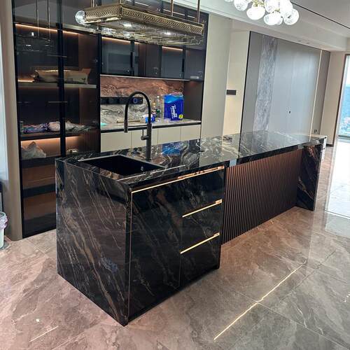 现代简约岛台大理石奢石餐桌一体家用开放式厨房吧台高端岩板导台