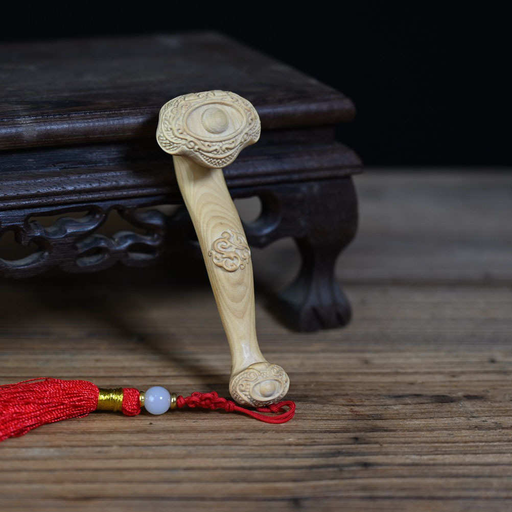 小叶黄杨木如意摆件 木质工艺品木雕文玩万事如意流苏家居摆件