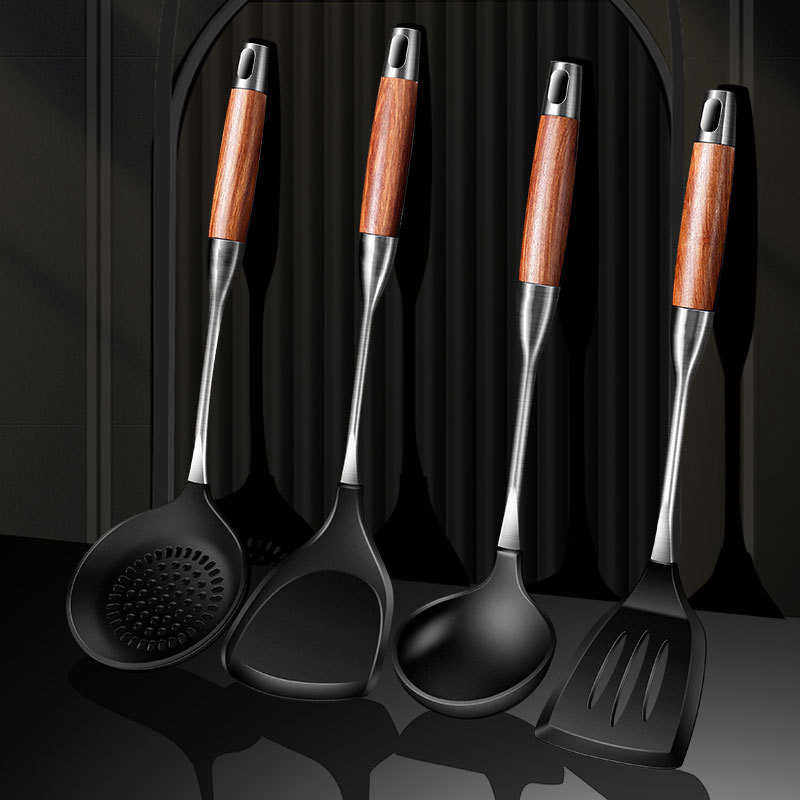 304不锈钢花梨木硅胶锅铲煎铲加长加厚汤勺漏勺厨房烹饪厨具套装