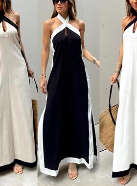 Source single cotton and linen backless hanging neck slit