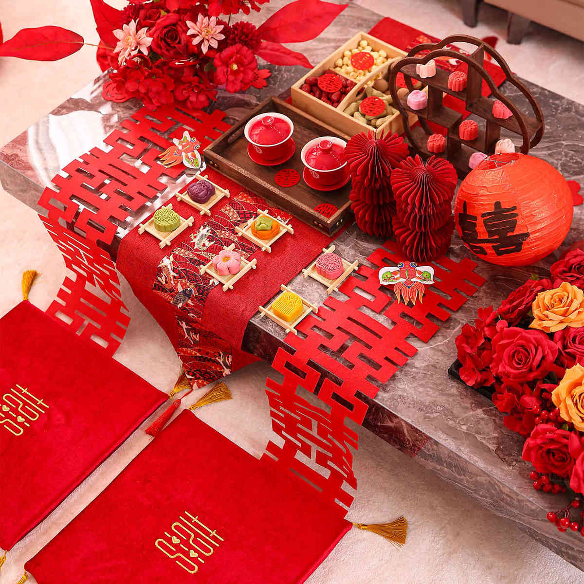 结婚装饰茶几装扮客厅摆件婚房布置新中式订婚宴婚礼接亲敬茶套装