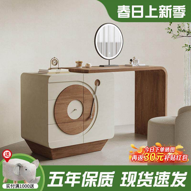 实木梳妆斗柜一台体油风小收型纳化妆桌法式复古卧奶室床QFU尾置