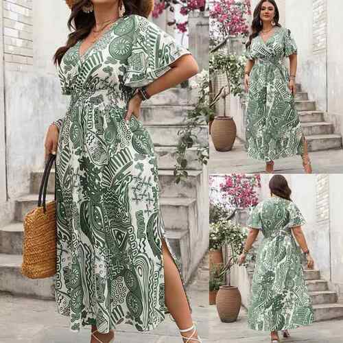 Plus size V-neck printed women dress XL-4XL大尺码女装洋装