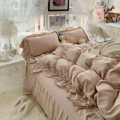 韩公式iPNIns奶油色荷叶花被套主风少女床裙边四件套床单舍宿三件