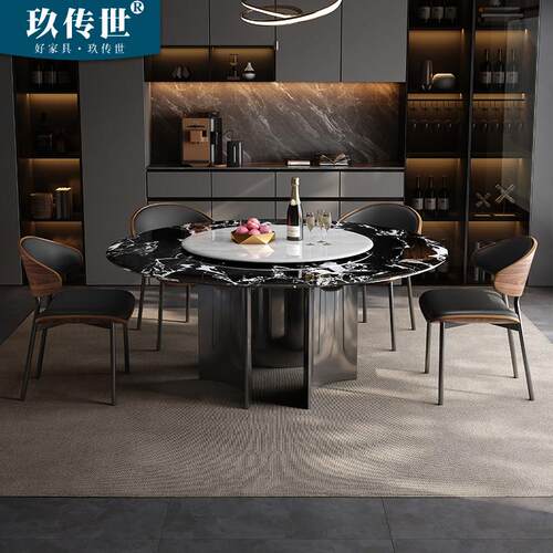 大理石餐桌椅高端超晶石圆桌组合现代简约小户型吃饭圆形桌子家用