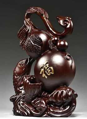 黑檀木雕刻福禄有鱼葫芦摆件实木质家居送礼办公室装饰摆设工艺品