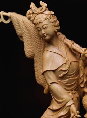 小叶黄杨木雕渔家姑娘满载而归摆件实木精雕工艺品黄杨木雕精品
