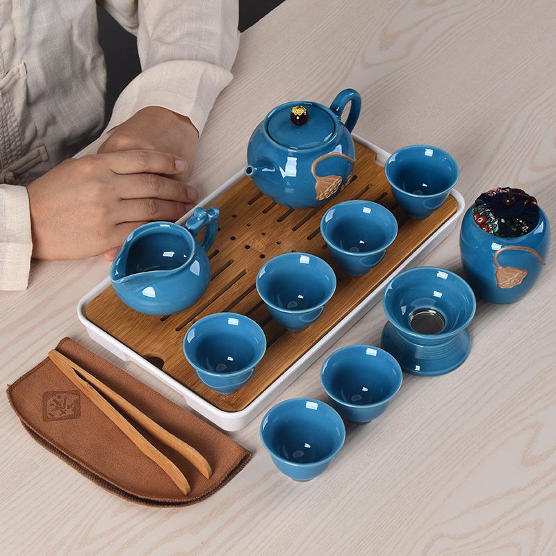 11头莲花浮雕陶瓷茶具套装家用客厅整套公司年创意会活动嘉奖员工