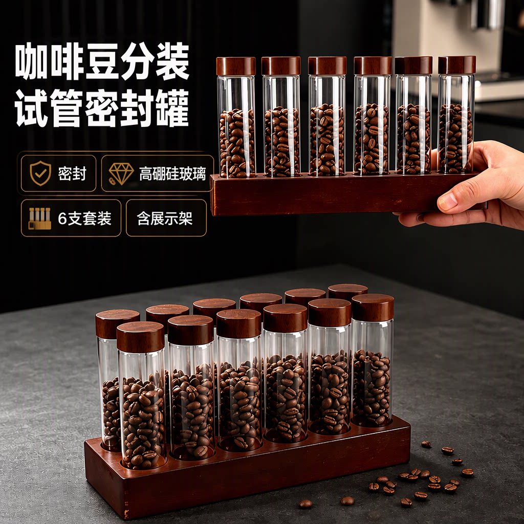 6支套装高硼硅玻璃试管密封罐咖啡豆茶叶咖啡粉储物罐展示架