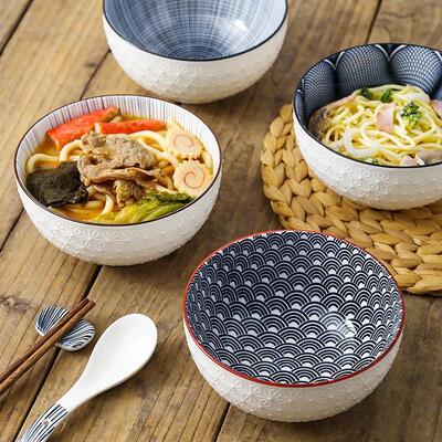 6" Footed Noodle Bowl Embossed Color Glaze